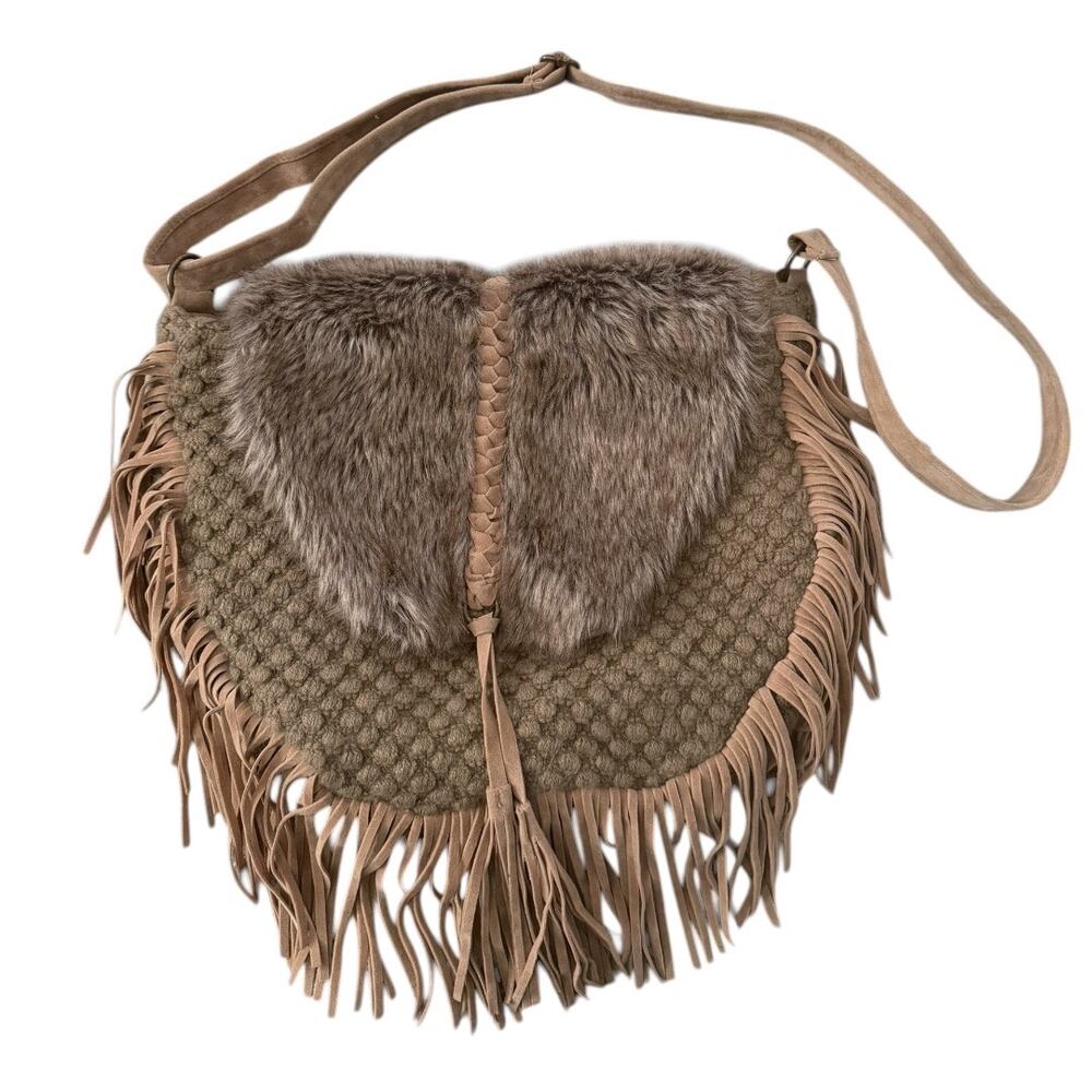Boho Fringe Crossbody Bag Faux Fur Western Festival Indie Cowgirl Tan AZIZA